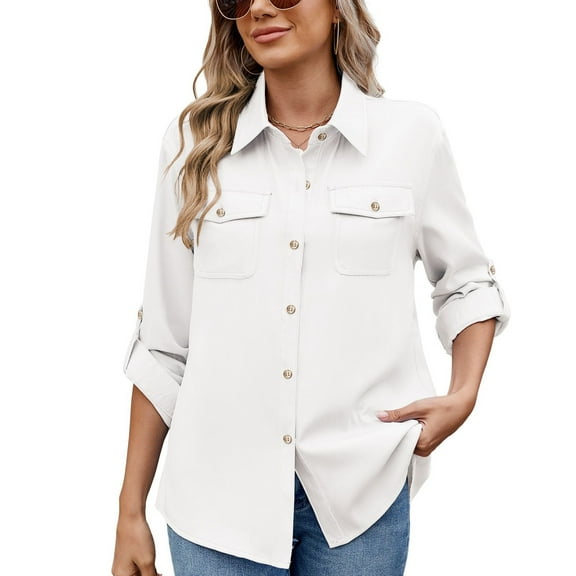 SWSMCLT Women's Long Sleeve Blouse Fashion Fall Lapel Comfy Boyfriend Blouses Button Down Shirt Spring White Small
