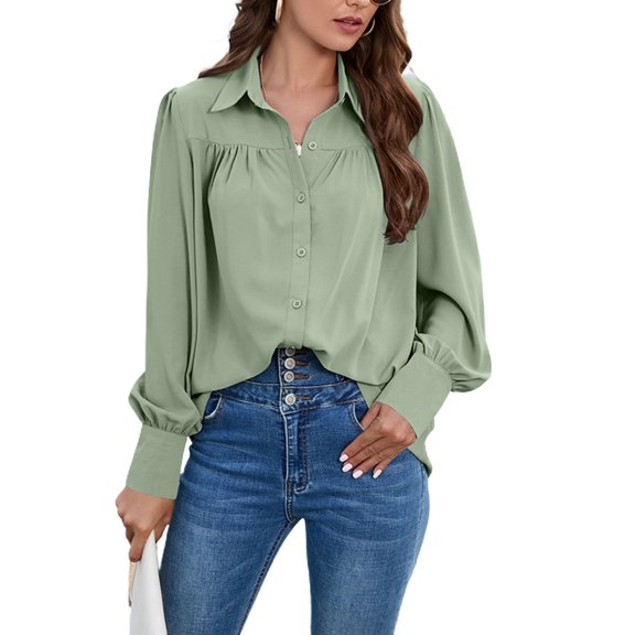 SWSMCLT Women's Long Sleeve Blouse Lantern Sleeve Ruched Casual Button Thin Button Up Shirt Mandarin Collar Top Green Large