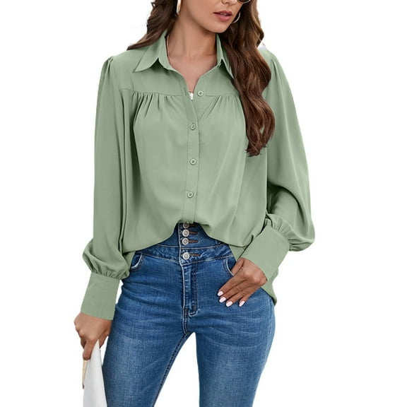 SWSMCLT Women's Long Sleeve Blouse Lantern Sleeve Ruched Casual Button Thin Button Up Shirt Mandarin Collar Top Green XX-Large