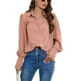 thumbnail image 1 of SWSMCLT Women's Long Sleeve Blouse Lantern Sleeve Ruched Casual Button Thin Button Up Shirt Mandarin Collar Top Pink Large, 1 of 5