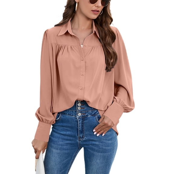 SWSMCLT Women's Long Sleeve Blouse Lantern Sleeve Ruched Casual Button Thin Button Up Shirt Mandarin Collar Top Pink Small