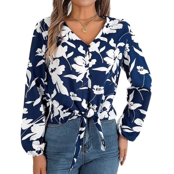 SWSMCLT Women's Long Sleeve Blouse Shirt Fall Casual Blouses Soft Tie Front Chiffon Printed Slim Fit V Neck Blue Small