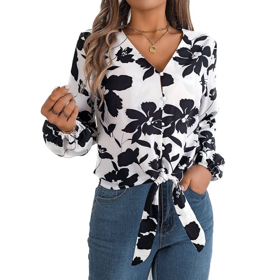SWSMCLT Women's Long Sleeve Blouse Shirt Fall Casual Blouses Soft Tie Front Chiffon Printed Slim Fit V Neck White Large