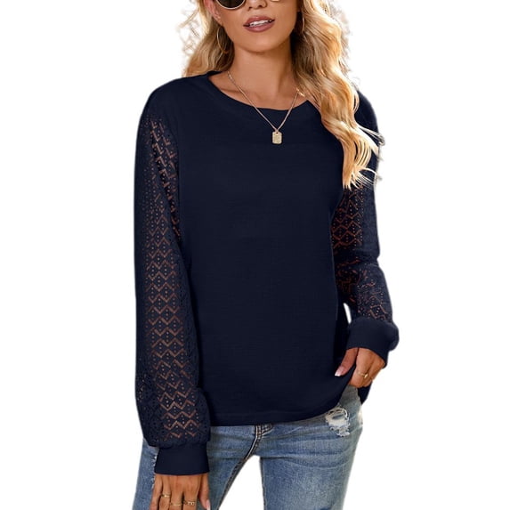 SWSMCLT Women's Long Sleeve Blouse Soft Crewneck Sweat Shirt Sweatshirt Knit Fashion Fall Sheer Spring Home Winter Dark Blue Medium