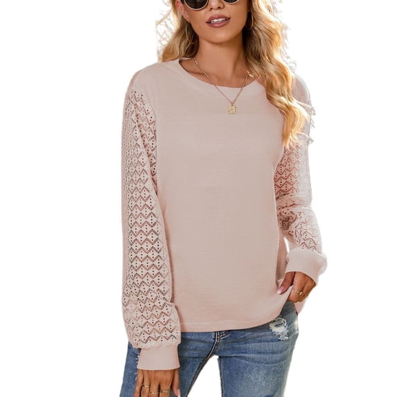 SWSMCLT Women's Long Sleeve Blouse Soft Crewneck Sweat Shirt Sweatshirt Knit Fashion Fall Sheer Spring Home Winter Nude Medium