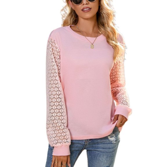 SWSMCLT Women's Long Sleeve Blouse Soft Crewneck Sweat Shirt Sweatshirt Knit Fashion Fall Sheer Spring Home Winter Pink 4X-Large
