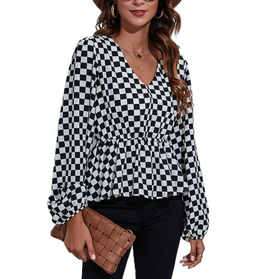 SWSMCLT Women's Long Sleeve Blouse V Neck Tops High Ruched Blouse Shirt Chiffon Peasant Work Cute Summer Patterned1 X-Large