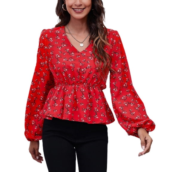 SWSMCLT Women's Long Sleeve Blouse V Neck Tops High Ruched Blouse Shirt Chiffon Peasant Work Cute Summer Patterned12 X-Large