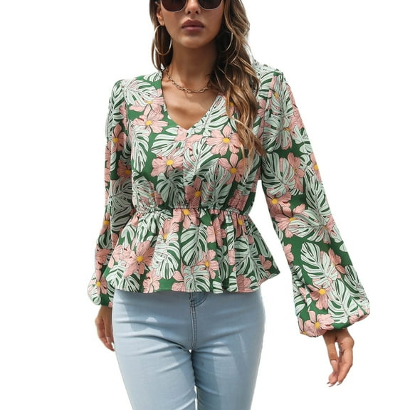 SWSMCLT Women's Long Sleeve Blouse V Neck Tops High Ruched Blouse Shirt Chiffon Peasant Work Cute Summer Patterned14 X-Large