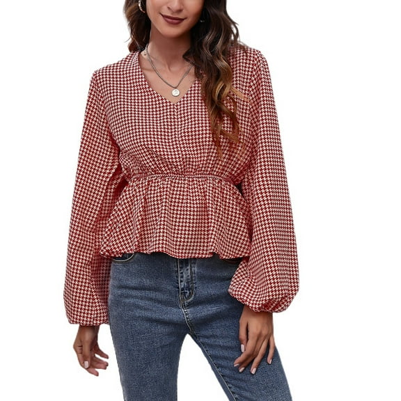 SWSMCLT Women's Long Sleeve Blouse V Neck Tops High Ruched Blouse Shirt Chiffon Peasant Work Cute Summer Patterned6 X-Large