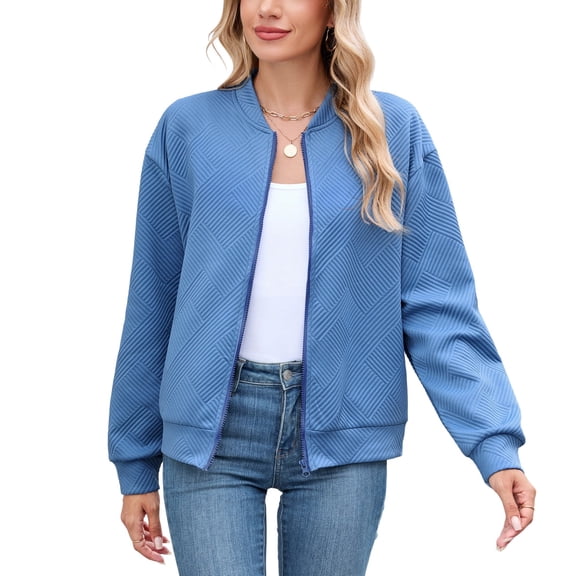 SWSMCLT Women's Long Sleeve Bomber Jacket Full Zip Top Zip Up Snow Textured Comfy Fashion Fall Spandex Sweatshirts Blue Large