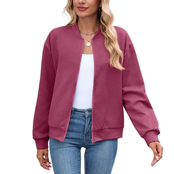 SWSMCLT Women's Long Sleeve Bomber Jacket Full Zip Top Zip Up Snow Textured Comfy Fashion Fall Spandex Sweatshirts Burgundy XX-Large