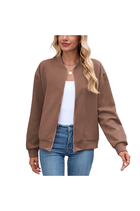 Women's Long Sleeve Bomber Jacket Full Zip Top Zip Up Snow Textured Comfy Fashion Fall Spandex Sweatshirts Khaki Medium