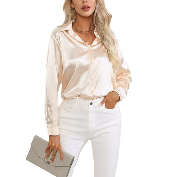 SWSMCLT Women's Long Sleeve Button Down Shirts Soft Transformer Smooth Blouses Summer Fall Work Fashion Boyfriend Golden Medium