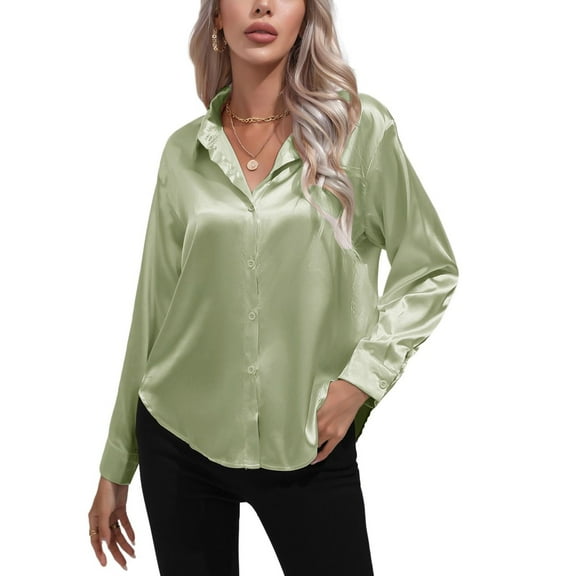 SWSMCLT Women's Long Sleeve Button Down Shirts Soft Transformer Smooth Blouses Summer Fall Work Fashion Boyfriend Light Green X-Large