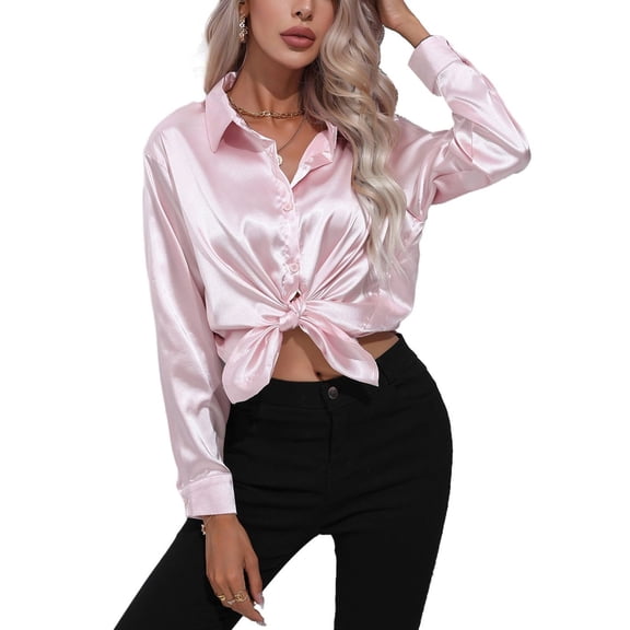 SWSMCLT Women's Long Sleeve Button Down Shirts Soft Transformer Smooth Blouses Summer Fall Work Fashion Boyfriend Pink Medium