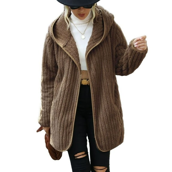 SWSMCLT Women's Long Sleeve Cardigan Fleece Coat Casual Spring Coats Winter Coat Fuzzy Hooded Open Front Cute Pocket Warm Khaki X-Large