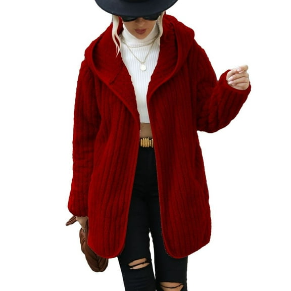SWSMCLT Women's Long Sleeve Cardigan Fleece Coat Casual Spring Coats Winter Coat Fuzzy Hooded Open Front Cute Pocket Warm Red Large