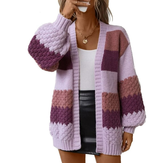 SWSMCLT Women's Long Sleeve Cardigan Long Sweater Knit Thick Winter Open Front Top Oversized Soft Warm Spring Purple Large