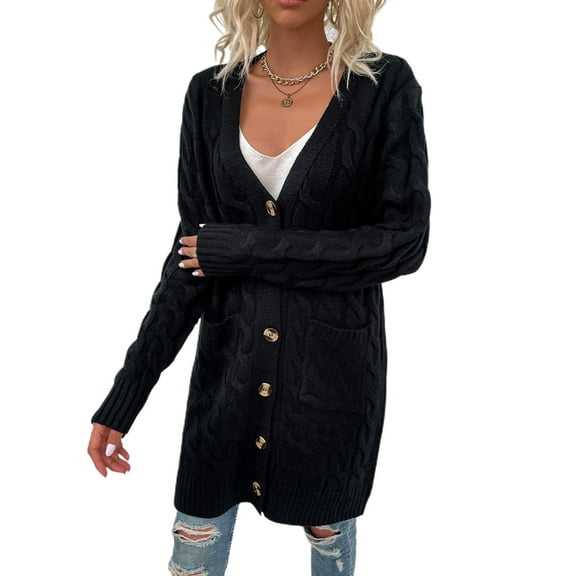 SWSMCLT Women's Long Sleeve Cardigan Sweater Deep V Neck Button Long Outerwear Knit Winter Soft Fall Fashion Warm Black X-Large