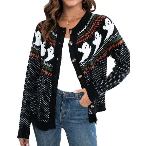 SWSMCLT Women's Long Sleeve Cardigan Sweater Halloween Crewneck Coats Warm Cardigan Oversized Spring Winter Fall Button Black Small