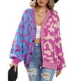 thumbnail image 1 of SWSMCLT Women's Long Sleeve Chunky Sweater V Neck Casual Cozy Baggy Knit Cardigan Sweater Cheetah Color Block Button Up Purple Medium, 1 of 4