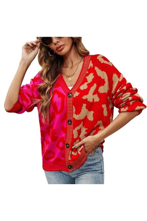 Women's Long Sleeve Chunky Sweater V Neck Casual Cozy Baggy Knit Cardigan Sweater Cheetah Color Block Button Up Red Large