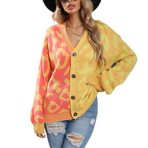 SWSMCLT Women's Long Sleeve Chunky Sweater V Neck Casual Cozy Baggy Knit Cardigan Sweater Cheetah Color Block Button Up Yellow Small