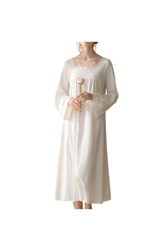 Women's Long Sleeve Cotton Nightgown Long Sleeping Dress Vintage Victorian Night Gown See Through Princess White Small