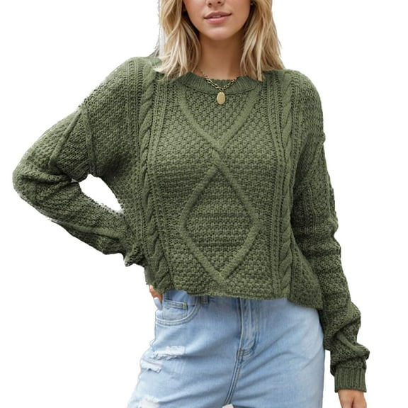 SWSMCLT Women's Long Sleeve Crop Sweater Solid Short Winter Knitwear Cable Knit Pullover Sweaters Soft Fashion Crewneck Warm Green Medium