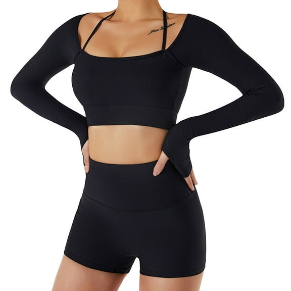 SWSMCLT Women's Long Sleeve Crop Top Quick Dry Halter Strappy Padded Gym Tshirt with Built-in Bra Yoga Shirt Ribbed Workout Cropped Top Black 8