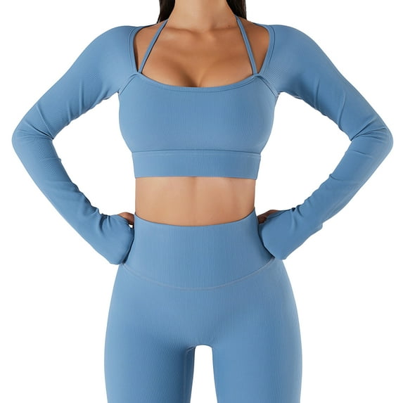 SWSMCLT Women's Long Sleeve Crop Top Quick Dry Halter Strappy Padded Gym Tshirt with Built-in Bra Yoga Shirt Ribbed Workout Cropped Top Blue 8