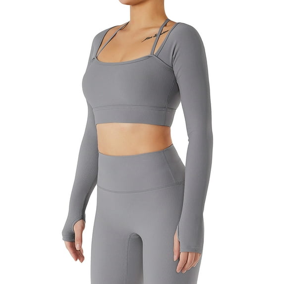 SWSMCLT Women's Long Sleeve Crop Top Quick Dry Halter Strappy Padded Gym Tshirt with Built-in Bra Yoga Shirt Ribbed Workout Cropped Top Grey 10