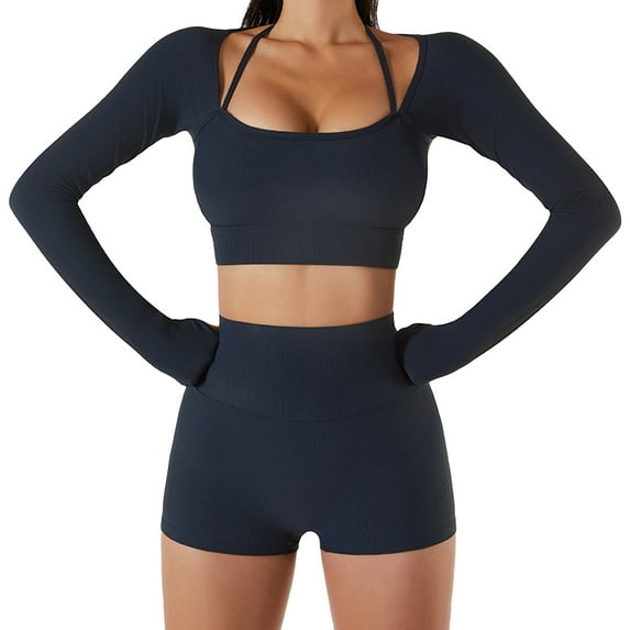 SWSMCLT Women's Long Sleeve Crop Top Quick Dry Halter Strappy Padded Gym Tshirt with Built-in Bra Yoga Shirt Ribbed Workout Cropped Top Navy 12