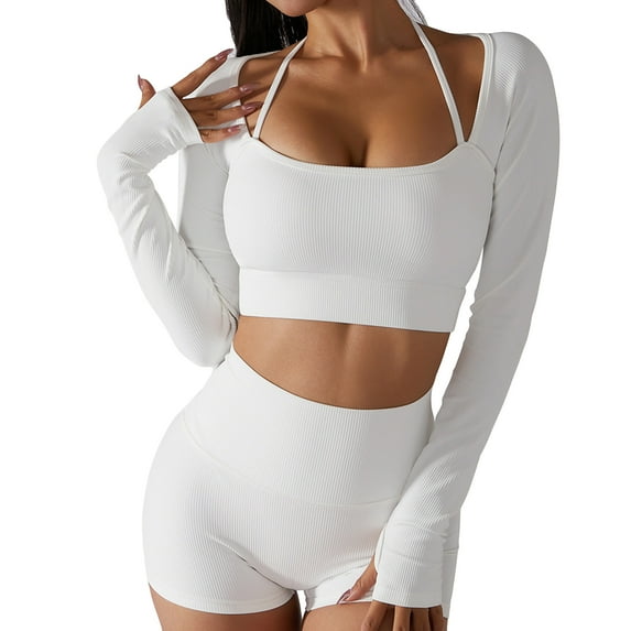 SWSMCLT Women's Long Sleeve Crop Top Quick Dry Halter Strappy Padded Gym Tshirt with Built-in Bra Yoga Shirt Ribbed Workout Cropped Top White 10