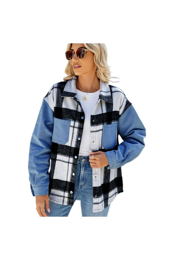Women's Long Sleeve Denim Jacket Western Button Down Winter Soft Shirt Shacket Spring Snow Drop Shoulder Patterned Medium