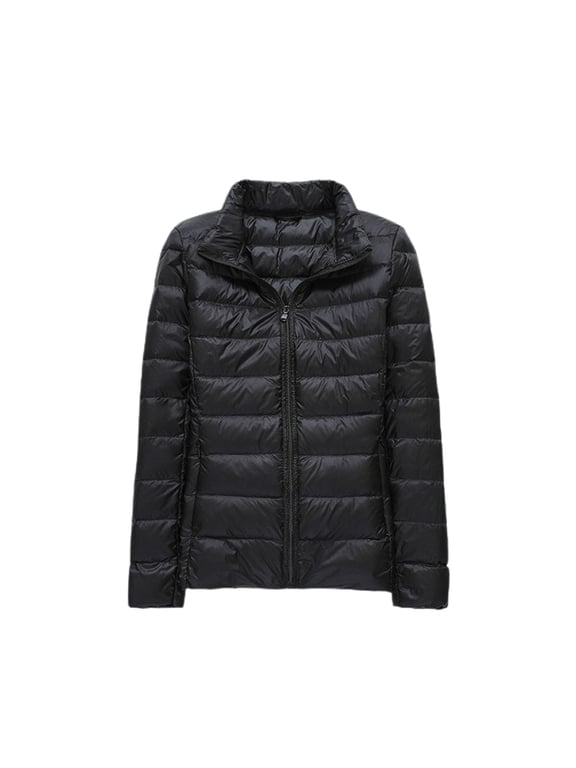 Women's Long Sleeve Down Jacket High Neck Winter Down Coat Puffer Outerwear Zip Up Light Short Spring Black Medium