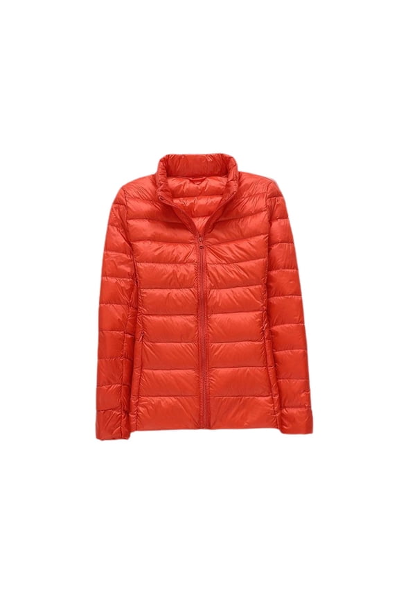 Women's Long Sleeve Down Jacket High Neck Winter Down Coat Puffer Outerwear Zip Up Light Short Spring Orange Medium
