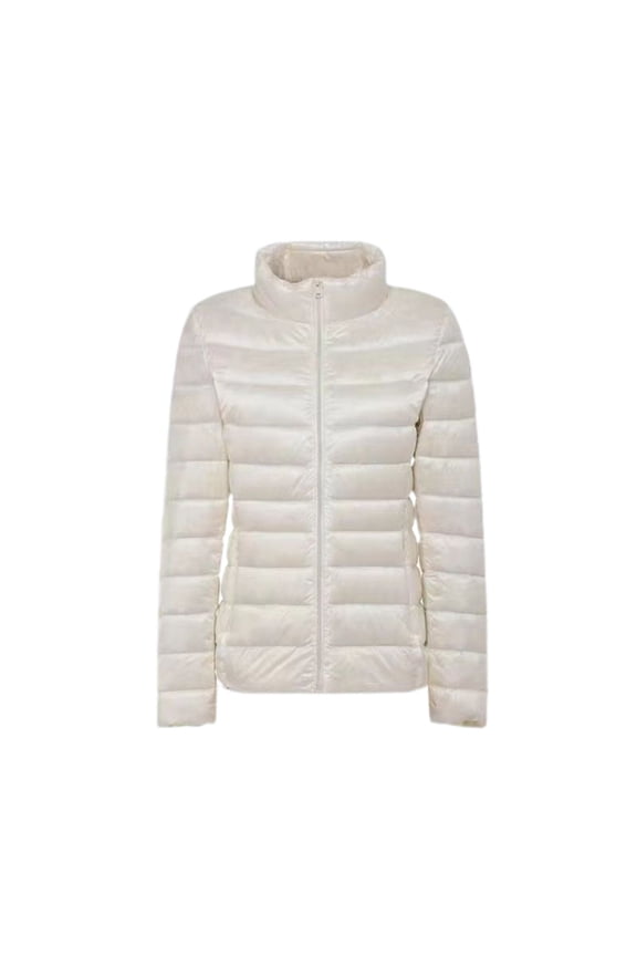 Women's Long Sleeve Down Jacket High Neck Winter Down Coat Puffer Outerwear Zip Up Light Short Spring White Medium