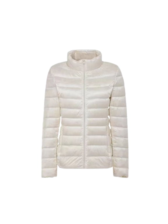 Women's Long Sleeve Down Jacket High Neck Winter Down Coat Puffer Outerwear Zip Up Light Short Spring White Small