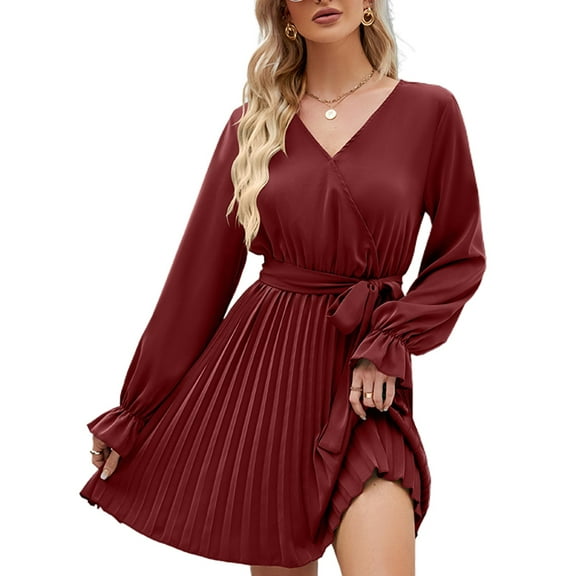 SWSMCLT Women's Long Sleeve Dress Chiffon V Neck Wrap Tie Waist Party Dresses Casual Short Ruched Pleated Burgundy XX-Large