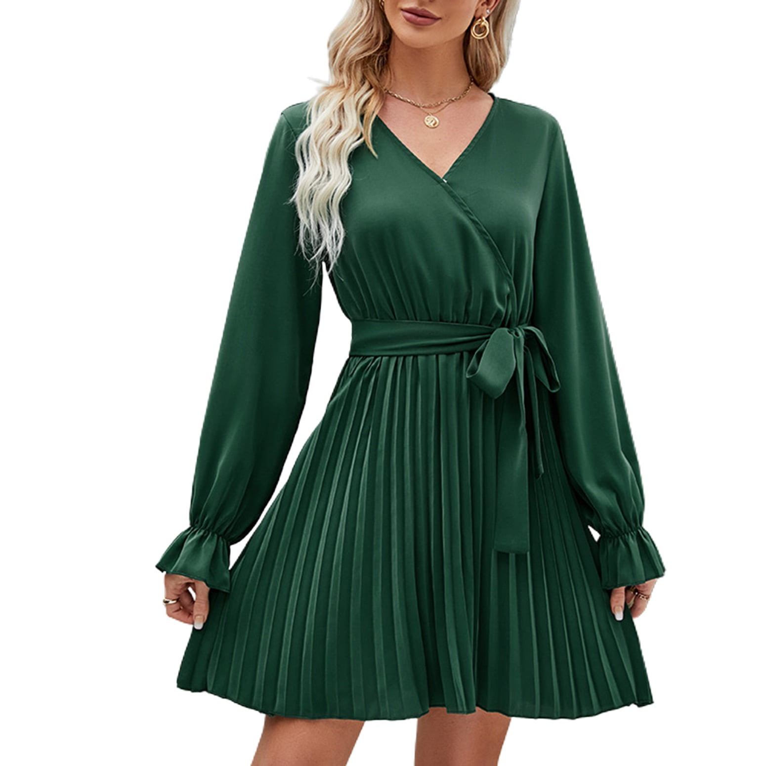 Swsmclt Women's Long Sleeve Dress Chiffon V Neck Wrap Tie Waist Party Dresses Casual Short Ruched Pleated Dark Green Medium