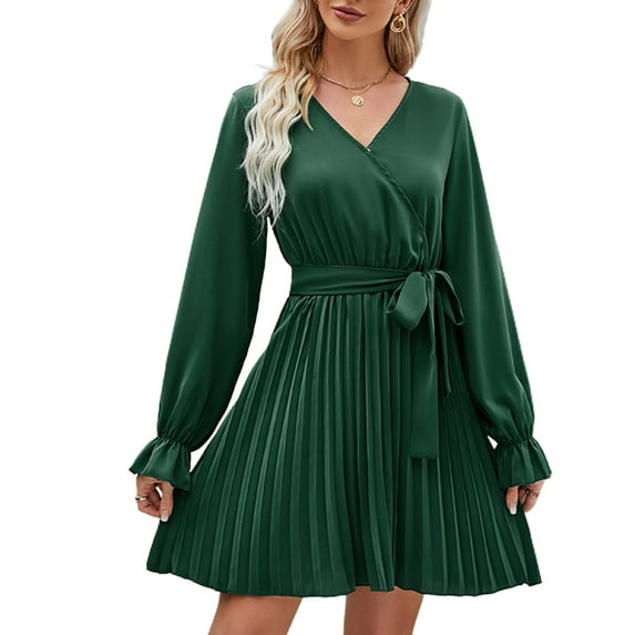 SWSMCLT Women's Long Sleeve Dress Chiffon V Neck Wrap Tie Waist Party Dresses Casual Short Ruched Pleated Dark Green XX-Large