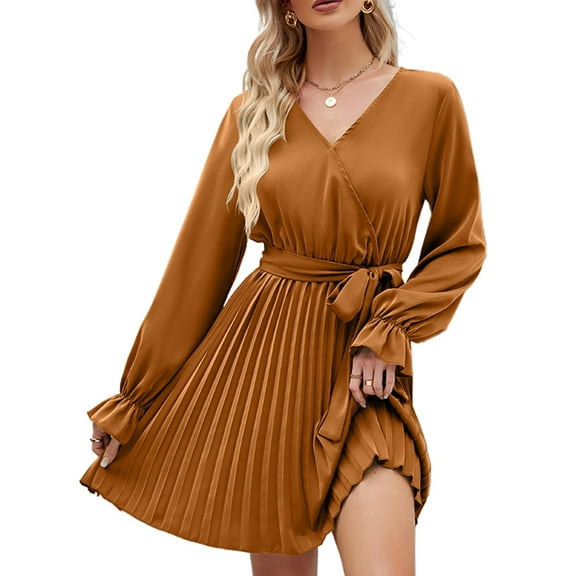 SWSMCLT Women's Long Sleeve Dress Chiffon V Neck Wrap Tie Waist Party Dresses Casual Short Ruched Pleated Golden Small