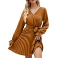 thumbnail image 1 of SWSMCLT Women's Long Sleeve Dress Chiffon V Neck Wrap Tie Waist Party Dresses Casual Short Ruched Pleated Golden XX-Large, 1 of 4