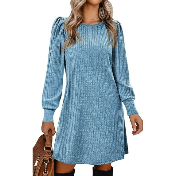 SWSMCLT Women's Long Sleeve Dresses Fall Warm Dinner Casual Winter Vacation Fall Puff Sleeve Cute Ruched Stretchy Fitted Blue Large