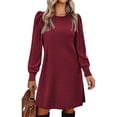 thumbnail image 1 of SWSMCLT Women's Long Sleeve Dresses Fall Warm Dinner Casual Winter Vacation Fall Puff Sleeve Cute Ruched Stretchy Fitted Burgundy XX-Large, 1 of 4