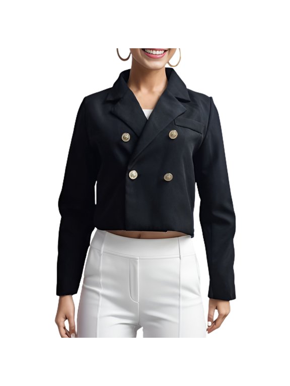 Women's Long Sleeve Fashion Business Casual Double Breasted Blazer Button Short Casual Suit Jacket Black X-Large