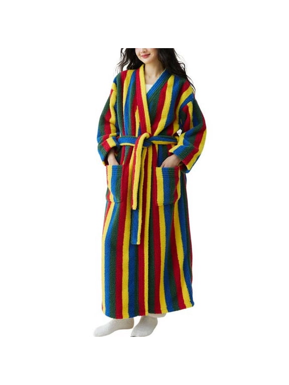 Women's Long Sleeve Fleece Bathrobe Warm Pjs Long Bath Polar Soft Fall Spring Oversized Comfy Robe Rainbow Medium