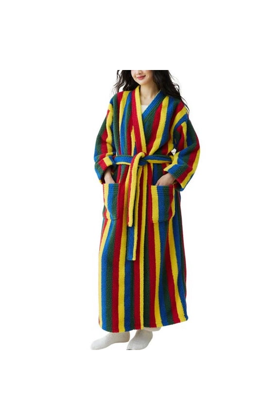 Women's Long Sleeve Fleece Bathrobe Warm Pjs Long Bath Polar Soft Fall Spring Oversized Comfy Robe Rainbow X-Large